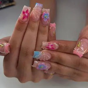 24pcs Long Square Nails, Nude Jelly Base, Blue Gradient 3D Flower Shell Relief, Pearl Gold Bead Accent, Summer Party Nail Art