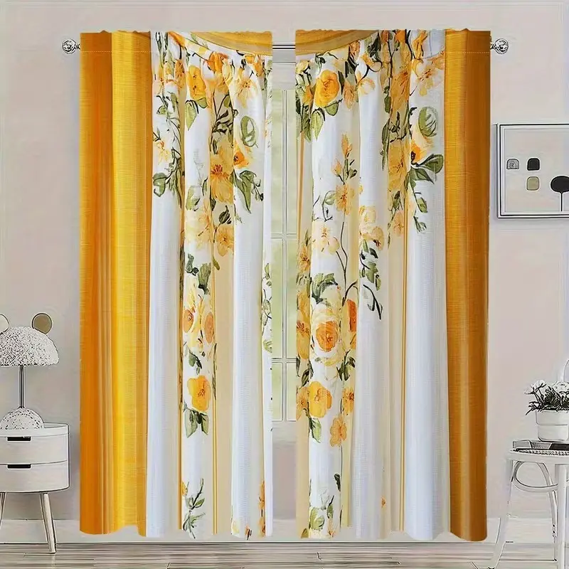 2 pieces of yellow roses with color-matching and patchwork printed pattern, digital printed curtains, suitable for living room, closet, bedroom, study, dining room and home decoration.