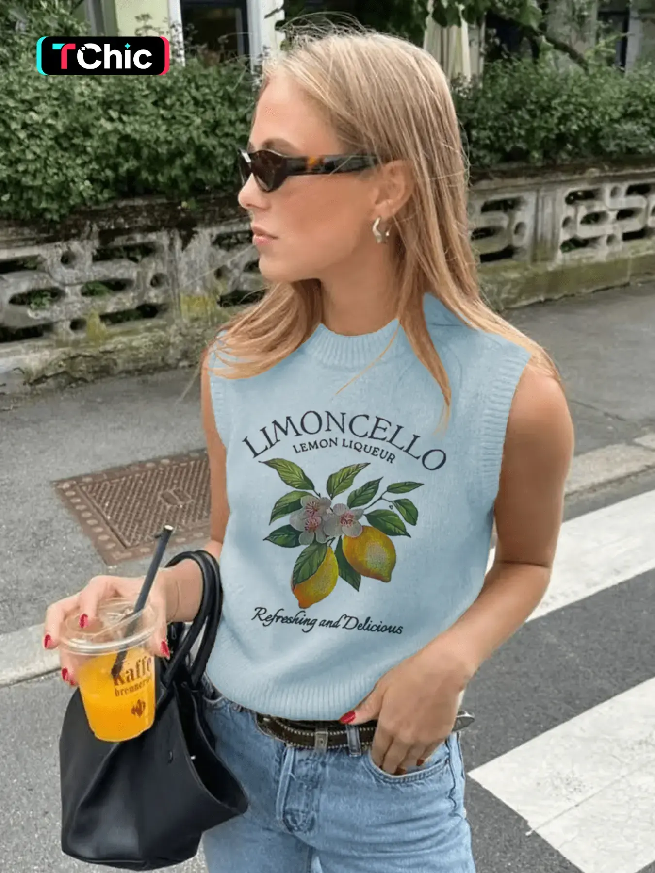 Women's Lemon Print Round Neck Sweater Vest, Casual Sleeveless Fitted Design Crew Neck Knit Top for Daily Wear, Ladies Clothes for All Seasons