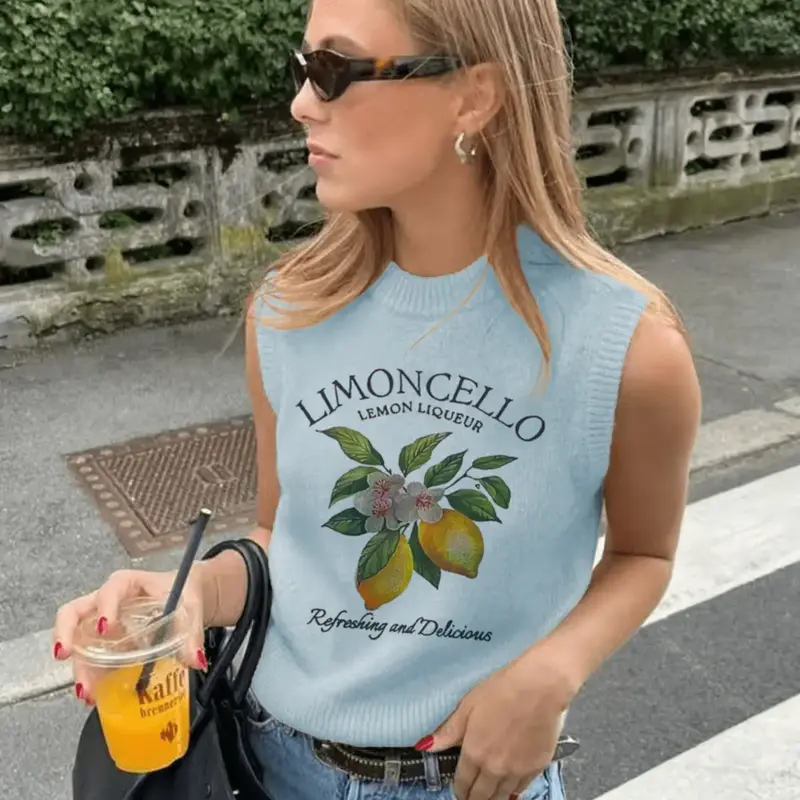 Women's Lemon Print Round Neck Sweater Vest, Casual Sleeveless Fitted Design Crew Neck Knit Top for Daily Wear, Ladies Clothes for All Seasons