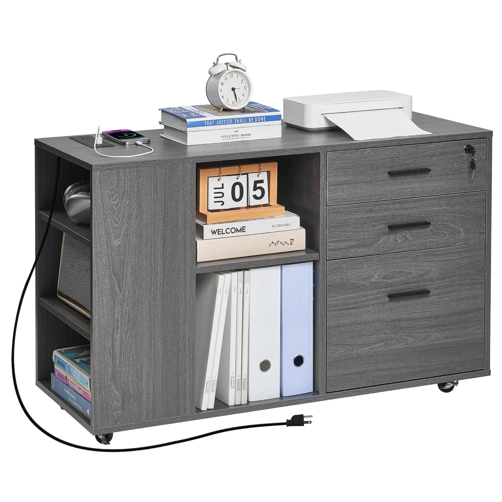 VEVOR Sturdy 3-Drawer Particle Board Filing Cabinet, Mobile Lockable Rolling Pet Furniture Storage with Power Strip, Adjustable Shelves, 5 Wheels, 39.4x15.8x25.6in, 64.8lbs, 155lbs Capacity, Waterproof Silent School Home Office Printer Stand, Gray