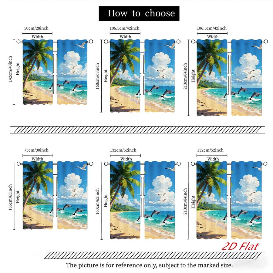 2Pcs Coastal Style Beach Scene Dolphin Seagull Palm Tree Sun Blocking Curtains Digital Printed Rod Pocket, Window Treatment For Bedroom Office Kitchen Living Room Study Home Decor