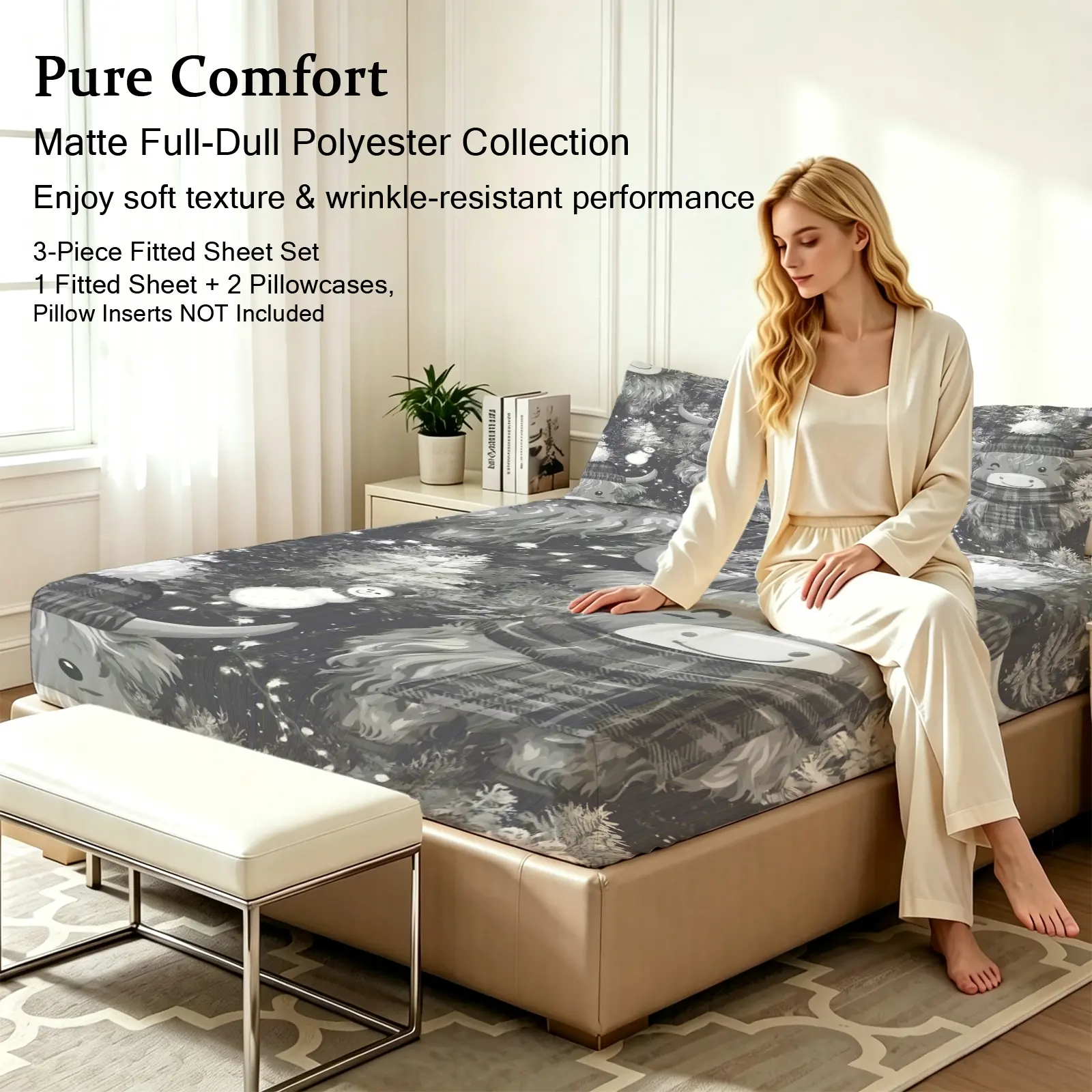 3pcs Fitted sheet Gray Vintage Botanical Pattern Bedding Set, Ultra Soft Full Dull Polyester Fitted Sheet with 2 Pillowcases, Wrinkle Resistant Breathable Durable Bed Linens for Bedroom Hotel Home, Fits Full Queen King Mattress Sizes, Breathable Sheets