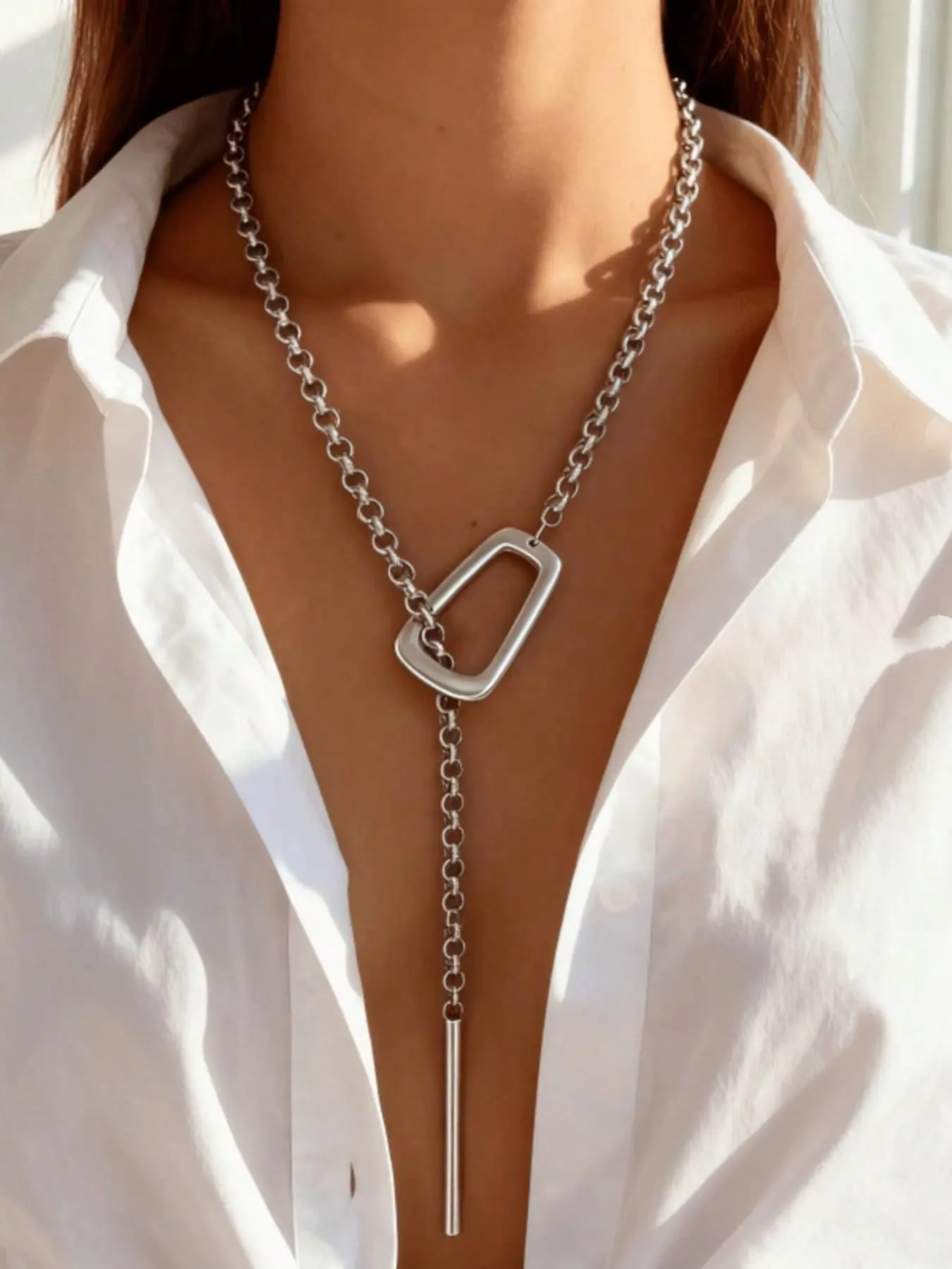 1 pc Long Silver Large Pendant, Women's Thick Silver Y-Shaped Necklace, Unique Thick Copper Adjustable Scarf-Style Necklace, Elegant Collarbone Necklace