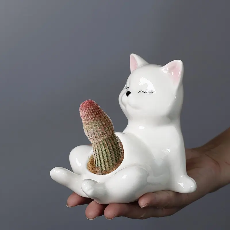 Unique Sit Cat Small Planter Pot, Cute Kitty Succulent Indoor Flowerpot Animal Succulent Plant Pot Holder, Novelty Ceramic Bonsai Flower Pot Ideal Gifts, Lovely Room Home Decor Office Desk, Indoor Plant Pots