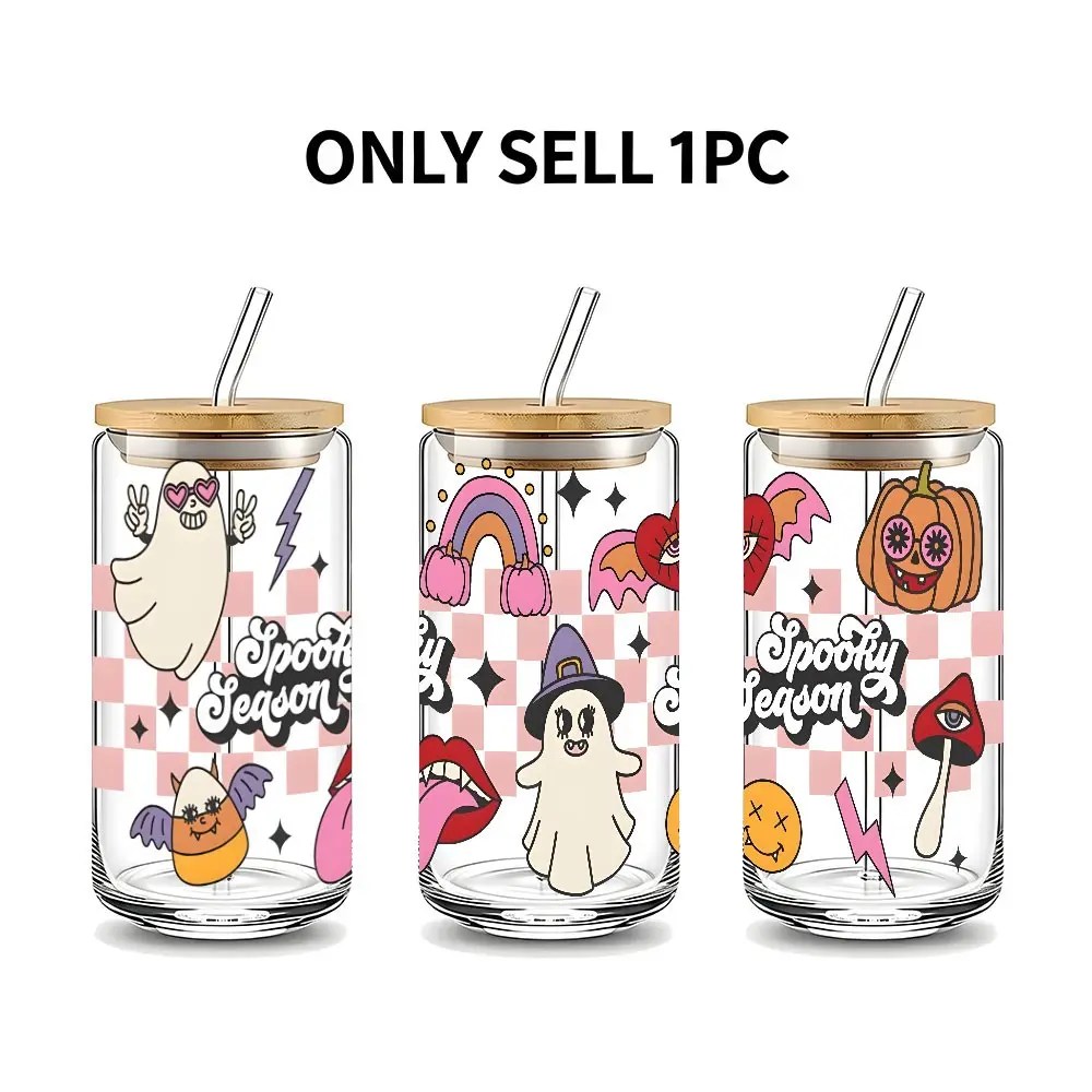 Cute Cartoon Pattern 16oz Glass Tumbler,Bamboo Lid Straw,Reusable Glass Drinking Cup,High-Quality Drinking Tumbler for Iced Coffee, Beer & Soda,Perfect Gift for Coffee Lover,Friends,Kids,Halloween