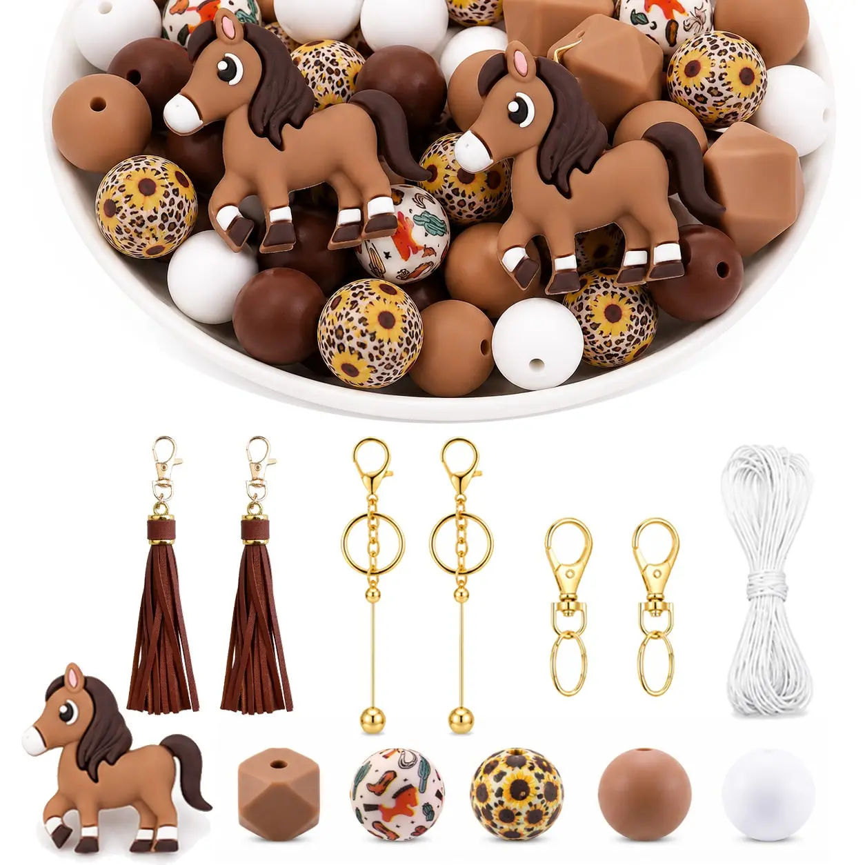 37pcs 3D Horse Silicone Beads Kit, Cute Animal Focal Beads, Keychain Accessories, Tassels, Clasps, Cord for DIY Bag Charms, Ideal Gift