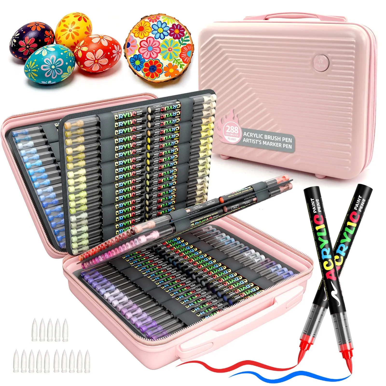 Flysea Acrylic Marker Pens, 288/360/432 Colors, Travel Case, Quick-Dry, Waterproof, Soft Tip 1-5mm, Ideal for DIY, Crafts, Painting