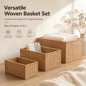 Set of 3 Versatile Hand-Woven Storage Baskets (S/M/L), Space-Saving Organizers for Multi-Room Use, Natural Textured Woven Bins for Home Organization