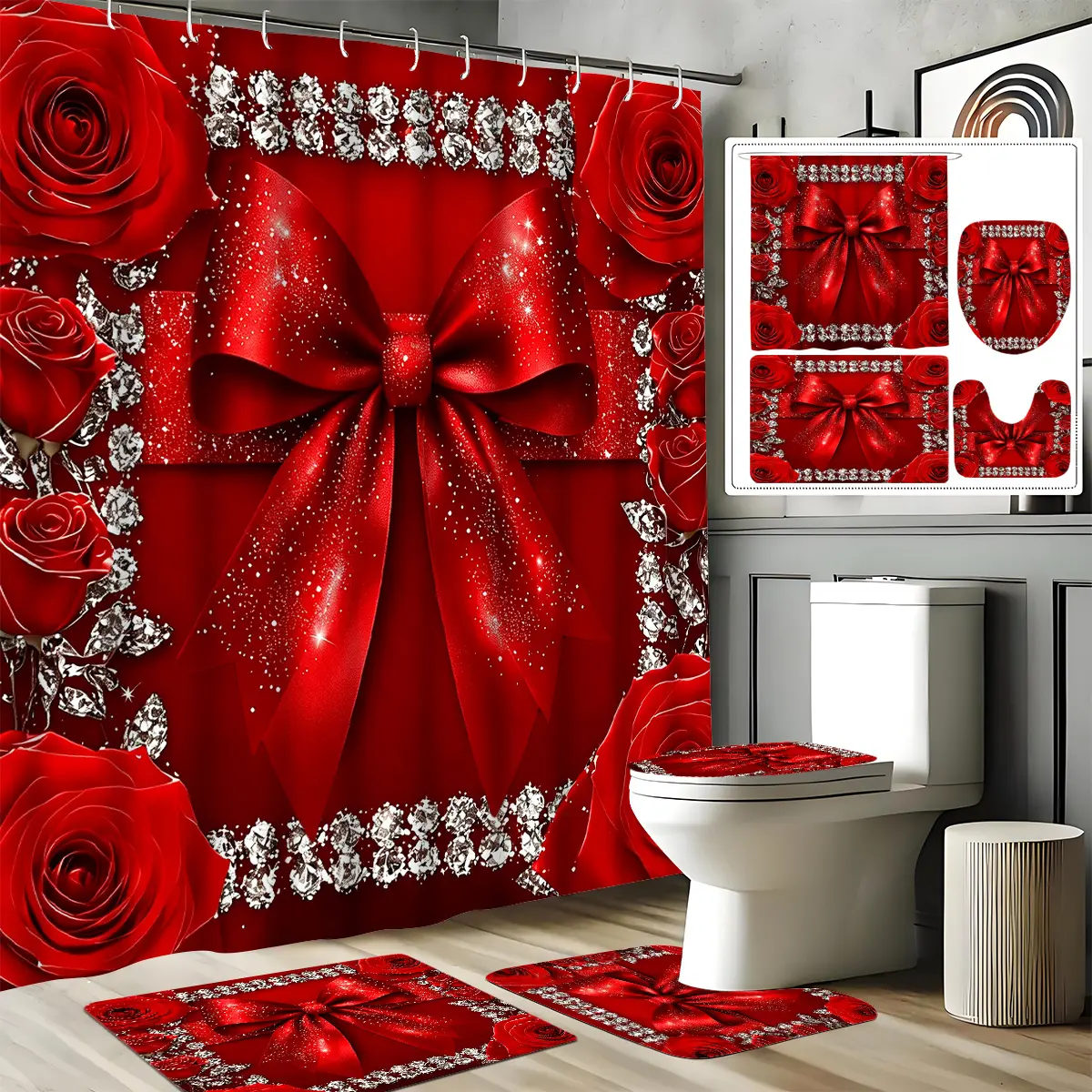 4-Piece Stylish Brightly Red Themed Printed Shower Curtain Set, High Quality Bathroom Decor and Accessories, Including Non-Slip U-Shape Toilet Cover, Bathroom Curtains Shower