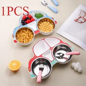 304 Stainless Steel Children's Car-Themed Dining Set — Detachable & Washable Baby Feeding Bowl, Creative Cartoon-Style Divided Plastic Plate Set