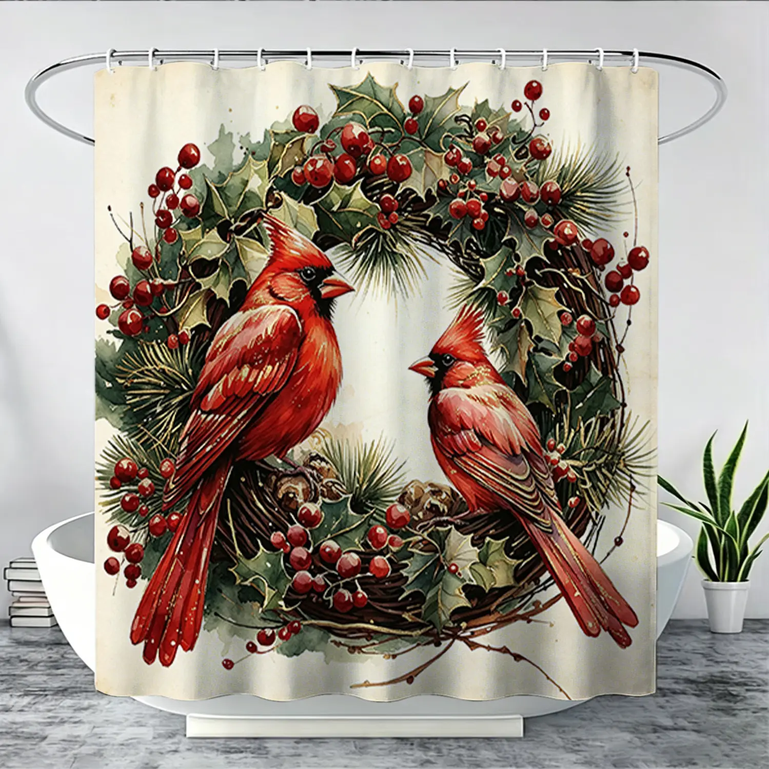 Thickened 1/4 piece Christmas bird shower curtain set, including shower curtain, toilet seat cushion, bathroom cushion and toilet lid cover, with 12 hooks, bathroom accessories