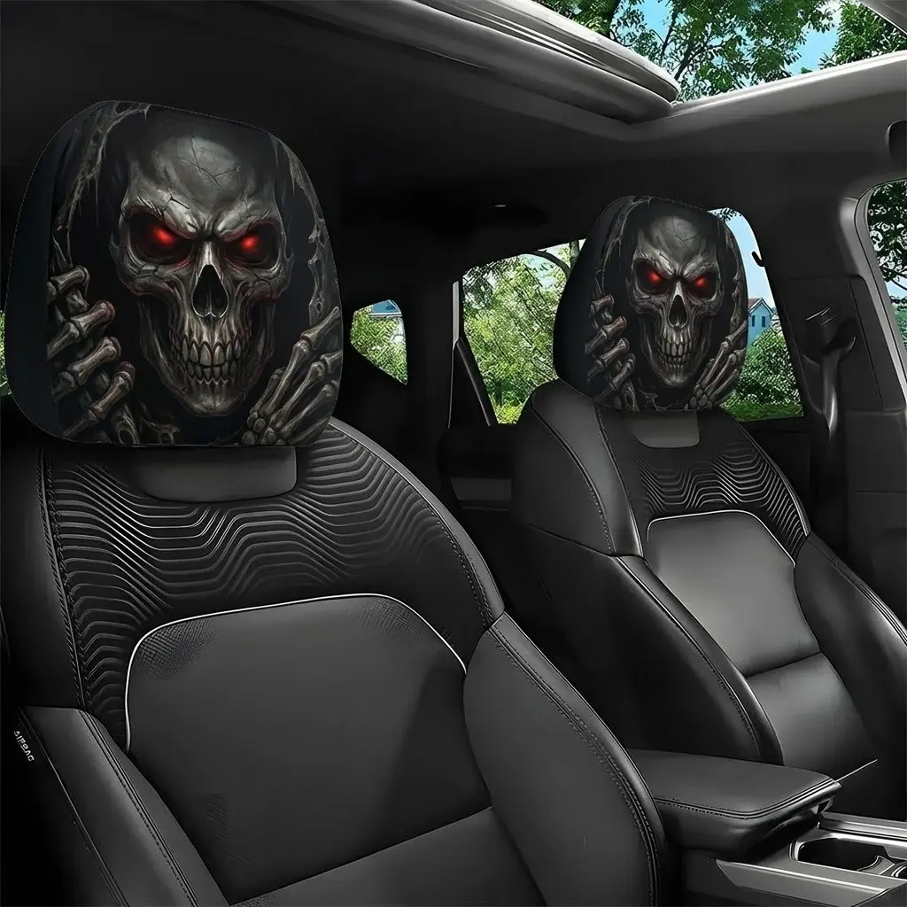 2-Pack Skull Design Car Headrest Covers, Washable, Easy Install, Durable, Comfortable, Perfect for Halloween Christmas Decor