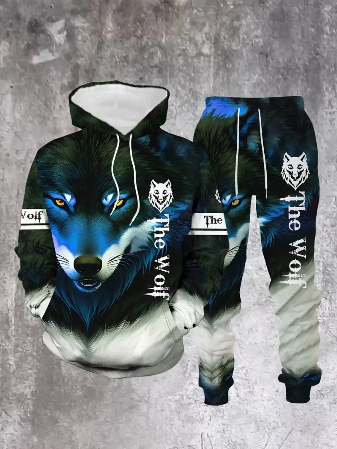 Men's The Wolf 3D Print Hoodie Jogger Pants Set, Cool Glowing Eyes Wolf Head Graphic Drawstring Hooded Sweatshirt 2 Piece Streetwear Tracksuit, 2 Colors Available