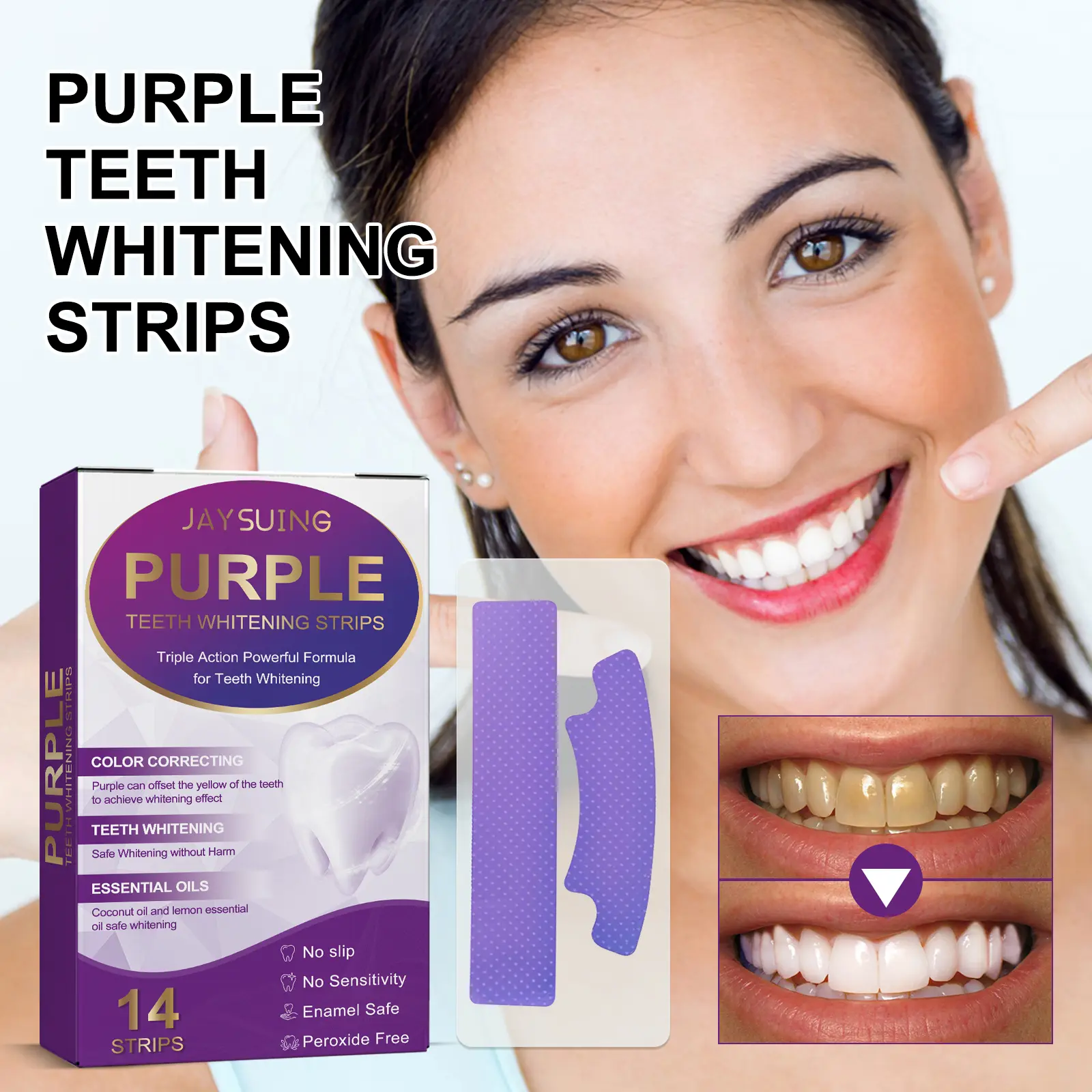 Purple Color-Correcting Teeth Strips, Plant-Derived Gentle Oral Care Strips for Surface Stain Removal & Smile Brightening