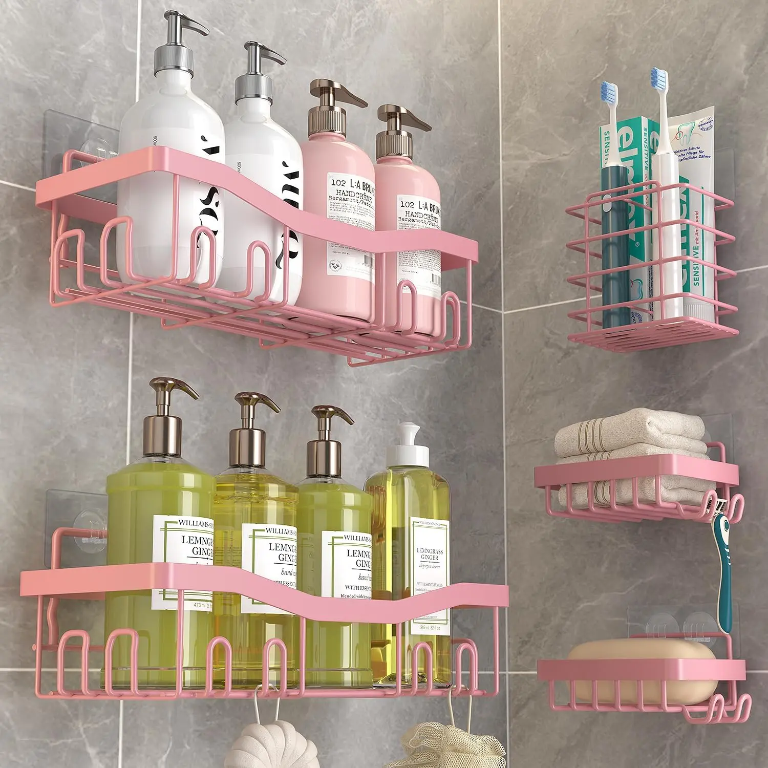 Shower, No Drilling Bath Organizers 5 Pack, Rustproof Shelves with Soap Holder & Toothbrush Holder, Pink Accessories Decor Set