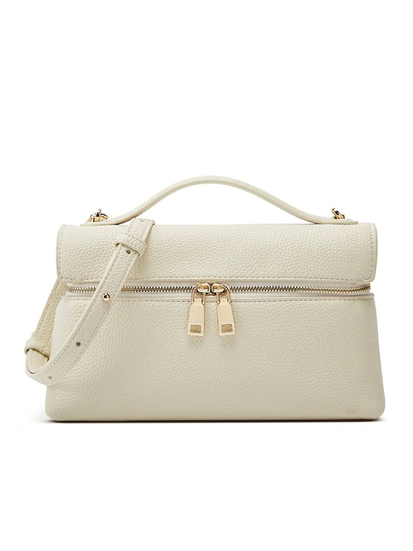 2026 New Milk White Lychee Grain Double Zipper Handbag Baguette Bag Multi-compartment Large Capacity Flap Shoulder Crossbody Bag Office Commuting Date Versatile Exquisite Texture Niche Long Clutch Underarm Bag Casual Commuting Bag