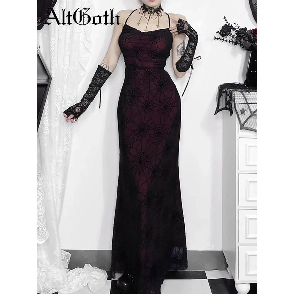 AltGoth Mall Goth Spider Web Dress Women Vintage Dark Coquette Spaghetti Strap High Waist Party Dress Y2k Emo Alt Indie Outfits