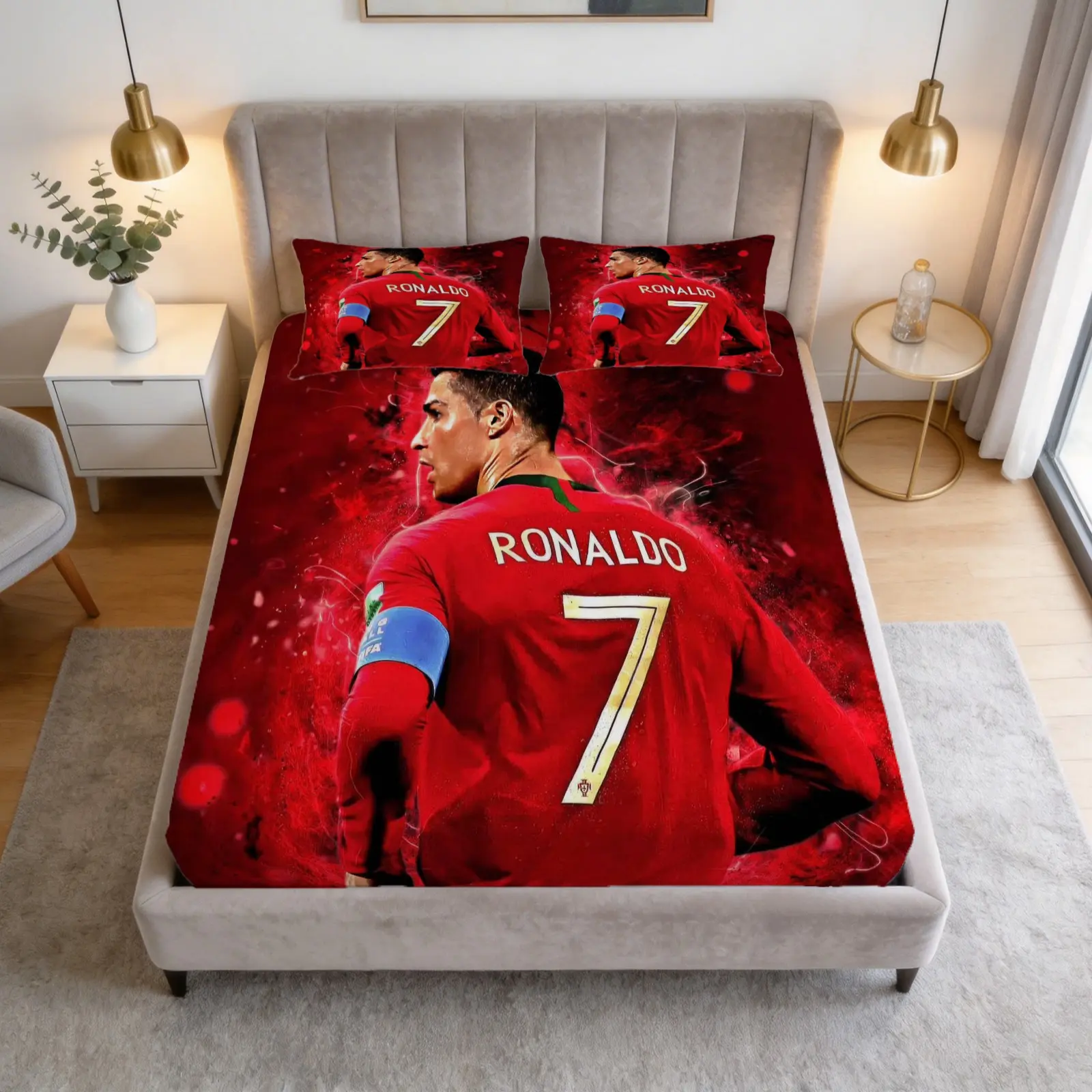 Cristiano Ronaldo Printed Pattern Bed Sheet Set, Football Theme, 1 Bed Sheet With 2 Pillowcases (Excluding Pillow Core), Suitable For Youth And Adult Bedrooms, Dormitories And Rooms, Suitable As a Gift