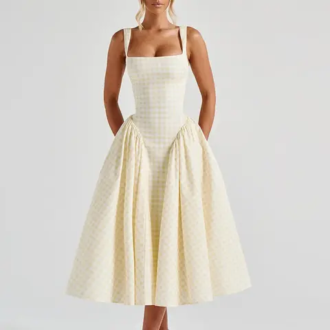Women's Plaid Dress, Elegant Fashion Casual Sleeveless Long Dress for Daily Outdoor Wear, Ladies Clothes for Summer, Classy Dresses