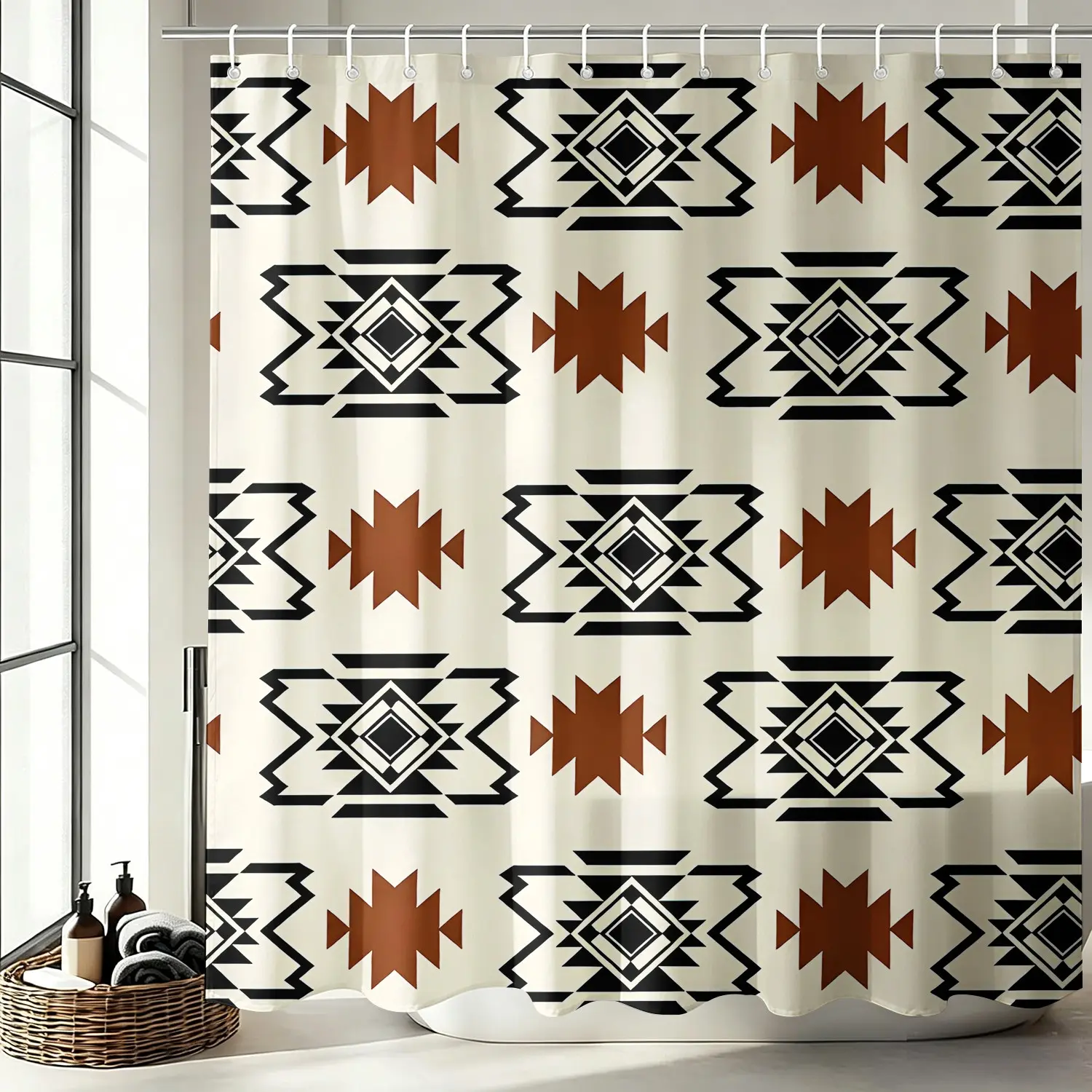 1Pc Boho Style Shower Curtain, Bohemian Shower Curtain, Modern Restroom Bathroom Curtain, Southwestern Aztec Geometric Black Terracotta Navajo Tribal Print Western Farmhouse Bath Decor with Hooks, Waterproof Quick Dry Machine Washable Rustic Accessory