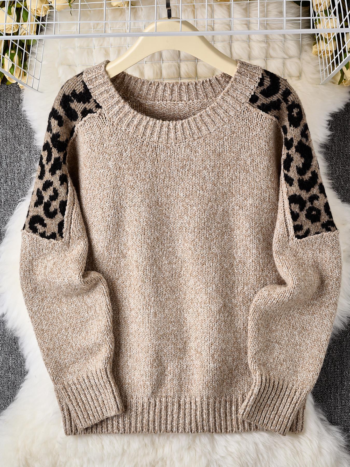 Women's Leopard Print Knitted Sweater, Casual Loose Long Sleeve Round Neck Jumper for Fall & Winter, Fashion Ladies' Knitwear for Daily Wear