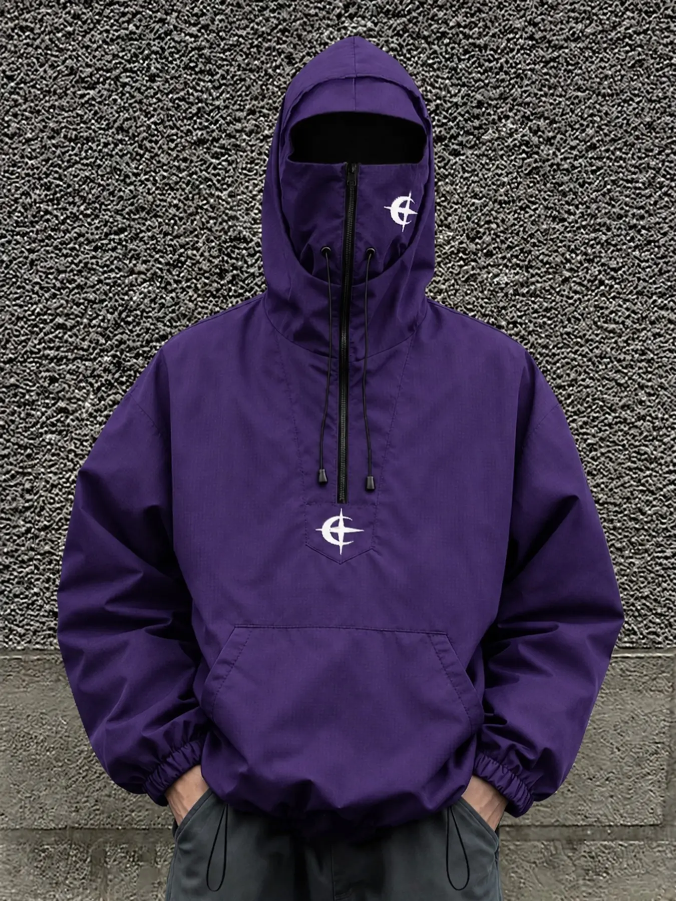 Men's Outdoor Windproof Hooded Jacket, Star Print, Half-Zip Face Mask, Loose Fit, Drawstring Waist, All Season, Perfect Gift