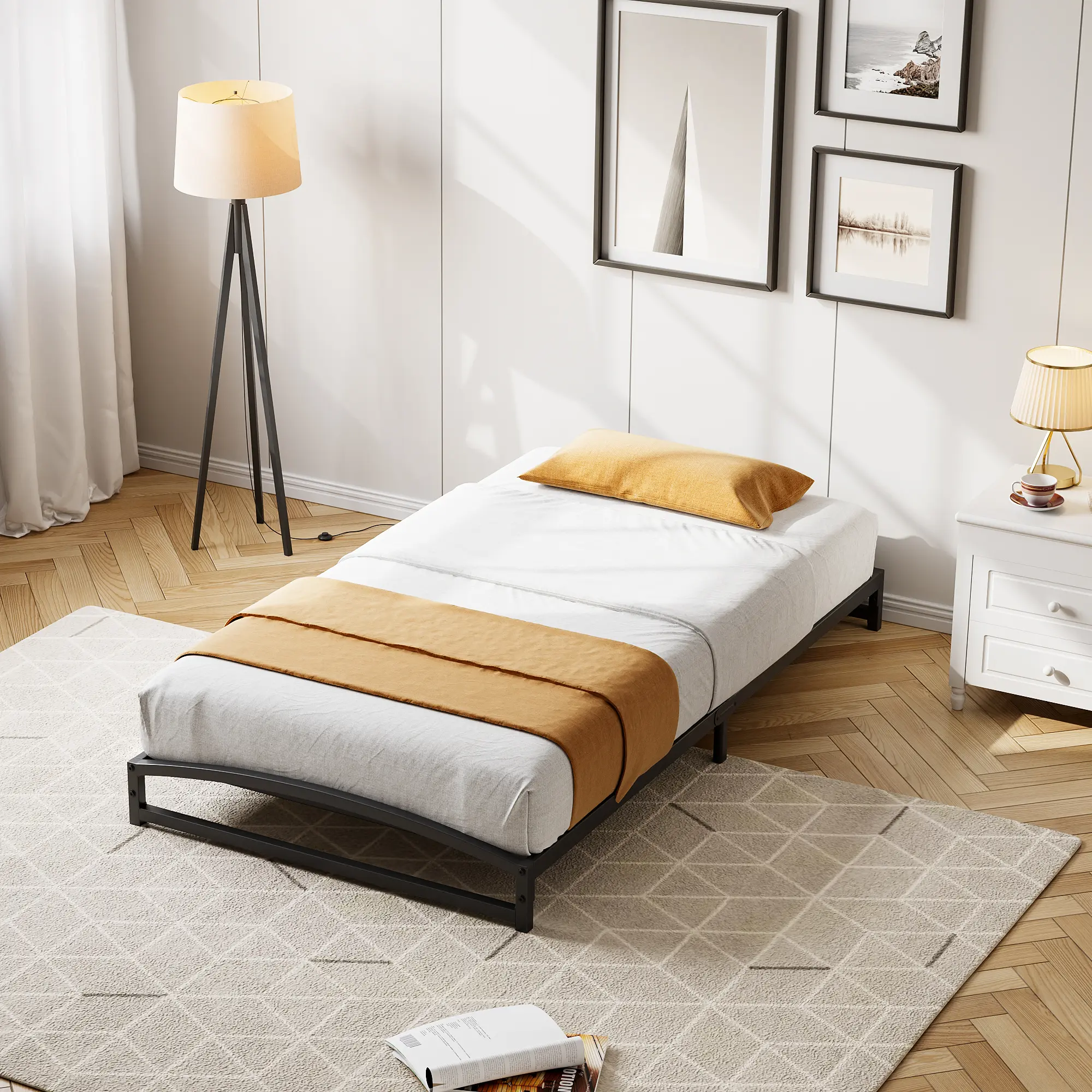 GARVEE Sturdy Low Profile Bed Frame - Queen Size Metal Platform with 6 Inch Heavy Duty Steel Slats - Modern Minimalist Design - Easy Assembly - No Box Spring Needed - Durable Bedroom Furniture