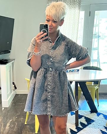 FMEYOA Womens Summer Denim Dress Button Down Short Sleeve Babydoll Dress Puff Sleeve Flowy Jean Dress