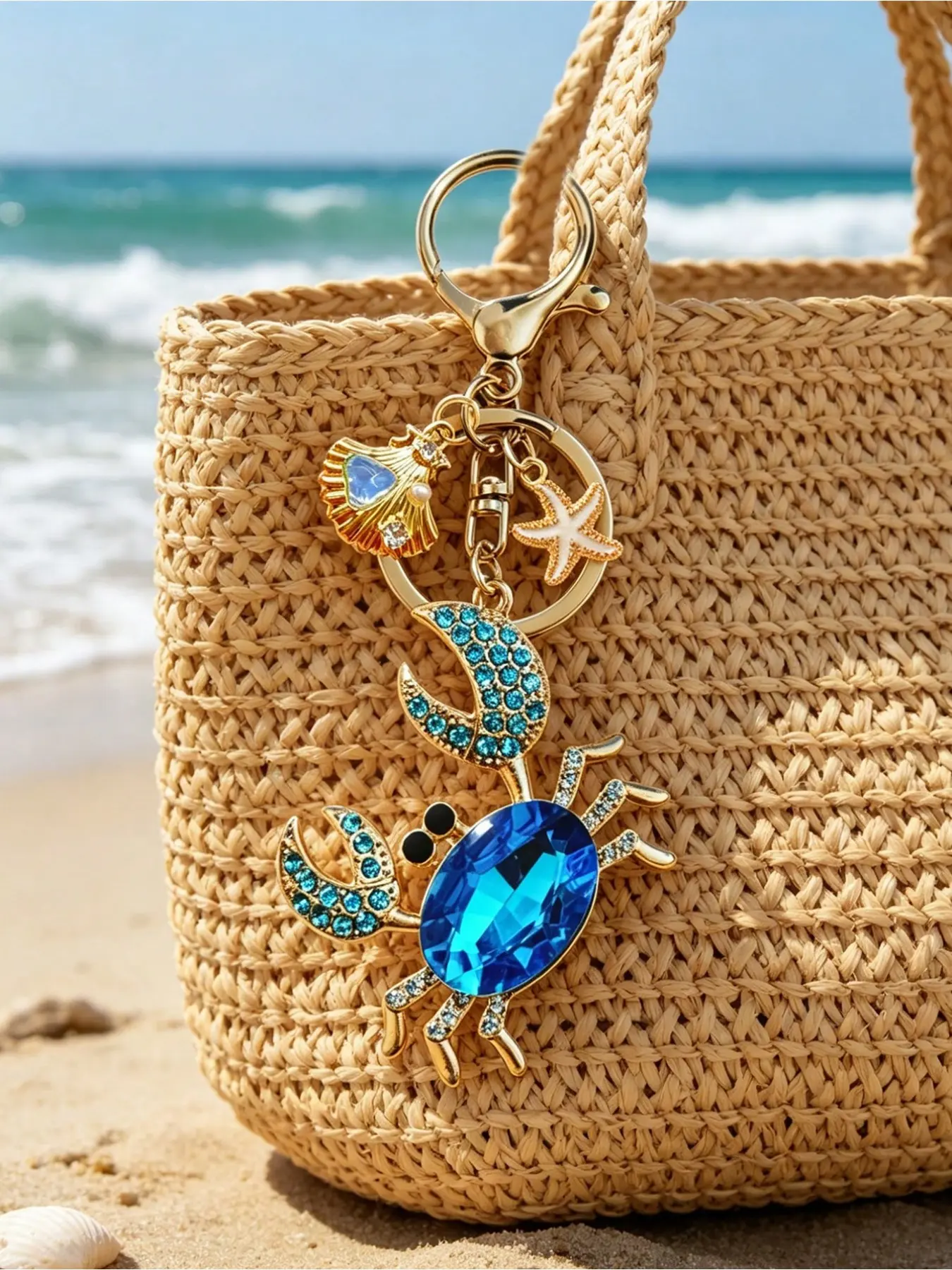 Shimmering Blue Crystal Crab Keychain, Oceanic Shell Star Decor, Sparkling Rhinestone Crab Pendant, Ideal Gift for Beach Lovers