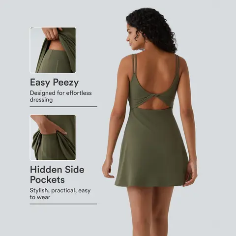 Halara Softlyzero Plush Double Straps Backless Twisted 2-Piece Pocket Slip Dance Active Dress