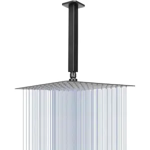 Rain Shower Head With Shower Arm, Ceiling Mount Square Shower, Stainless Steel Ceiling Rainfall Showerhead- Waterfall Full Body Coverage (12 Inch, Matte Black)
