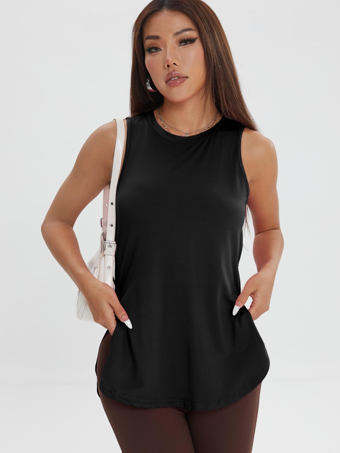 Women's Solid Color Asymmetrical Hem Sports Tank Top, Casual Curved Hem Sleeveless Round Neck Sports Top for Yoga Gym Workout Running, Ladies Sportswear for All Seasons