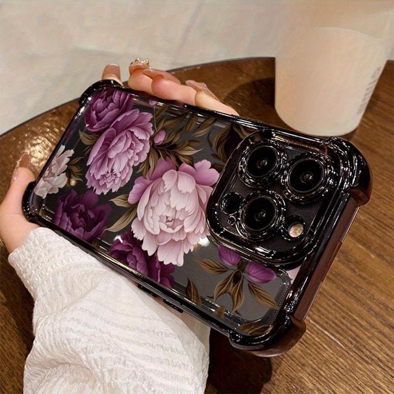 Purple Peony Pattern, Four-corner Electroplating Anti-drop, Non-slip TPU Full-cover Lens Mobile Phone Protective Case, Suitable for IPhone 17 16 15 14 13 12 11 XS X and Other Series Models, Can Be Given As A Gift To Friends or Family