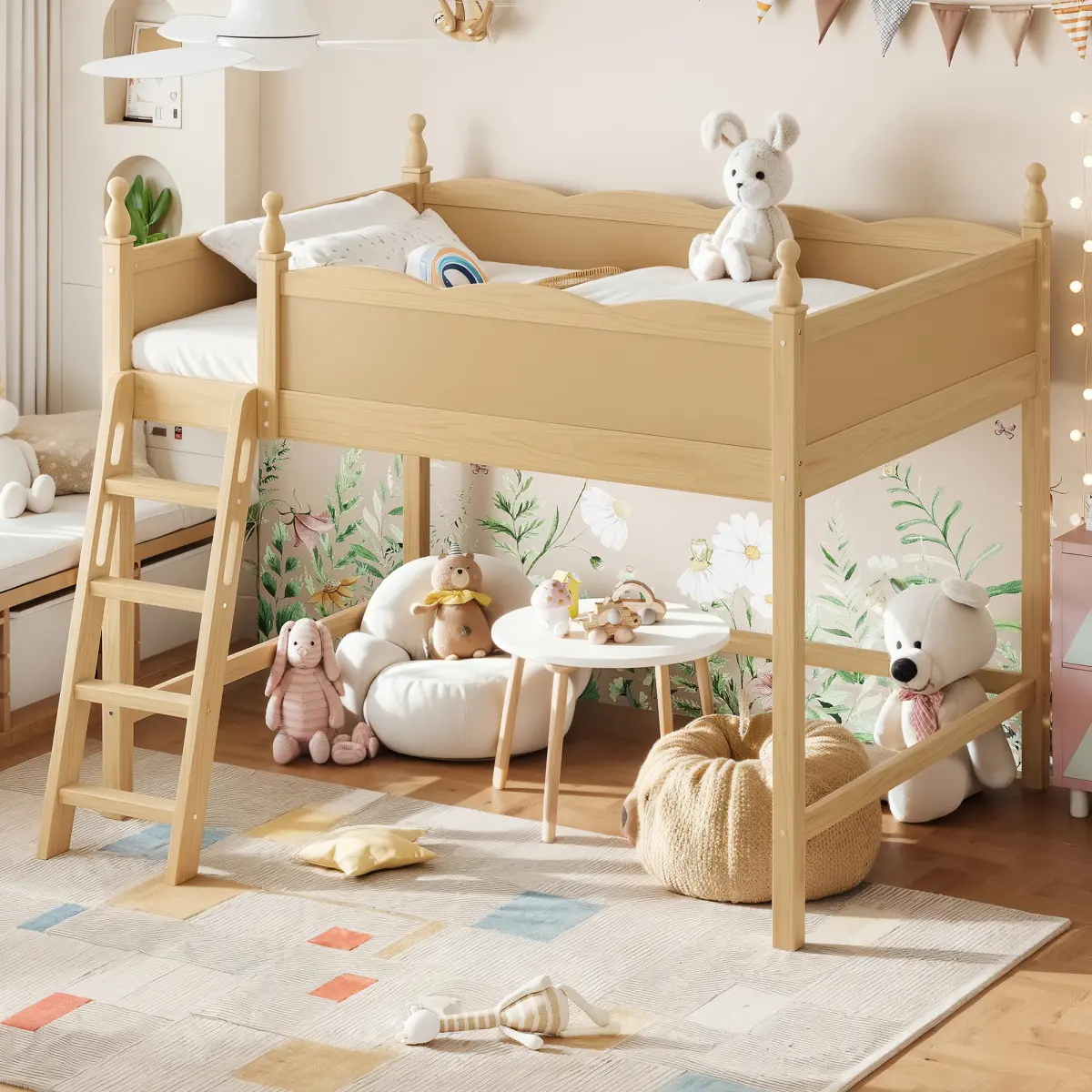 Full Size Loft Bed with Full-Length Guardrails, Solid Wood Loft Bed with Ladders and Ample Under-Bed Space, Natural