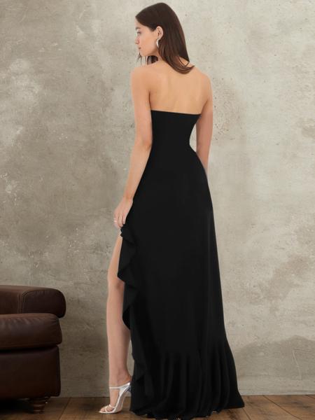 Women's Solid Color Ruffles High Split Off-Shoulder Sleeveless Bodycon Tube Dress Elegant Sexy Strapless Backless Ruched Slit Plain Birthday Party Club Evening Gown Holiday Long Full Formal Dresses for Ladies Girls Flattering Fitted Casual Clothes Wear