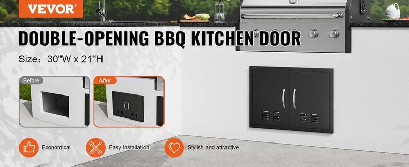 BBQ Access Door, 30W x 21H Inch Double Outdoor Kitchen Door, Cold Plate Flush Mount Door, Wall Vertical Door with Handles and Ventss, for BBQ Island, Grilling Station, Outside Cabinet