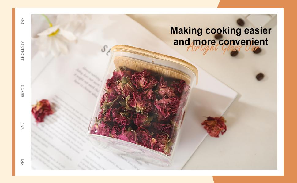 4-Pack Glass Storage Square Jars with Bamboo Lids Single 24 fl oz/720ml,Glass Canister Set, Airtight Containers for Kitchen Dry Goods, Coffee, Tea, Sugar,Flour ,Candy, Cookie, Spice