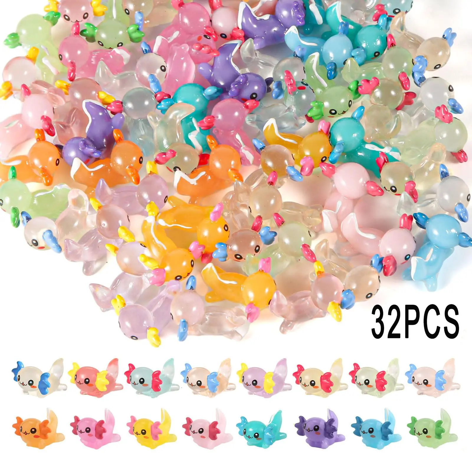 Glow in The Dark Axolotl Figures Figurines - 32 Pcs Magical Miniature Set, Perfect DIY Gift for Plant Lovers & Craft Beginners, Cute Desk Decor with Luminous Feature, Ornaments, Decorative Piece, Resin Figurine Statue, Resin Animal Sculptures
