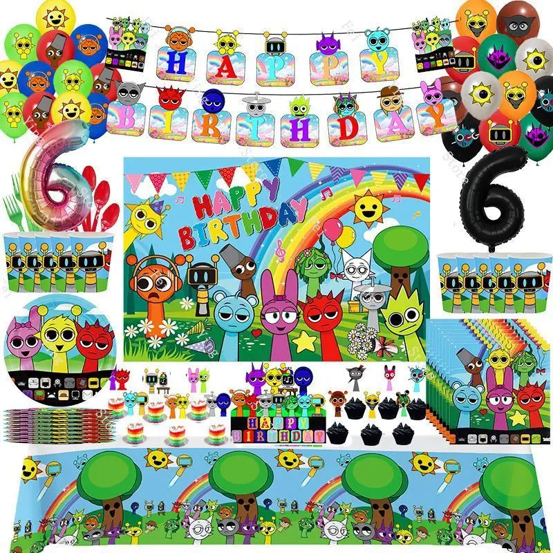 Sprunki Incredibox Happy Birthday Party Decorations Kit - Disposable Tableware Supplies, Banner, Cake Topper, Balloons, DIY Specialty Gifts for Celebrations