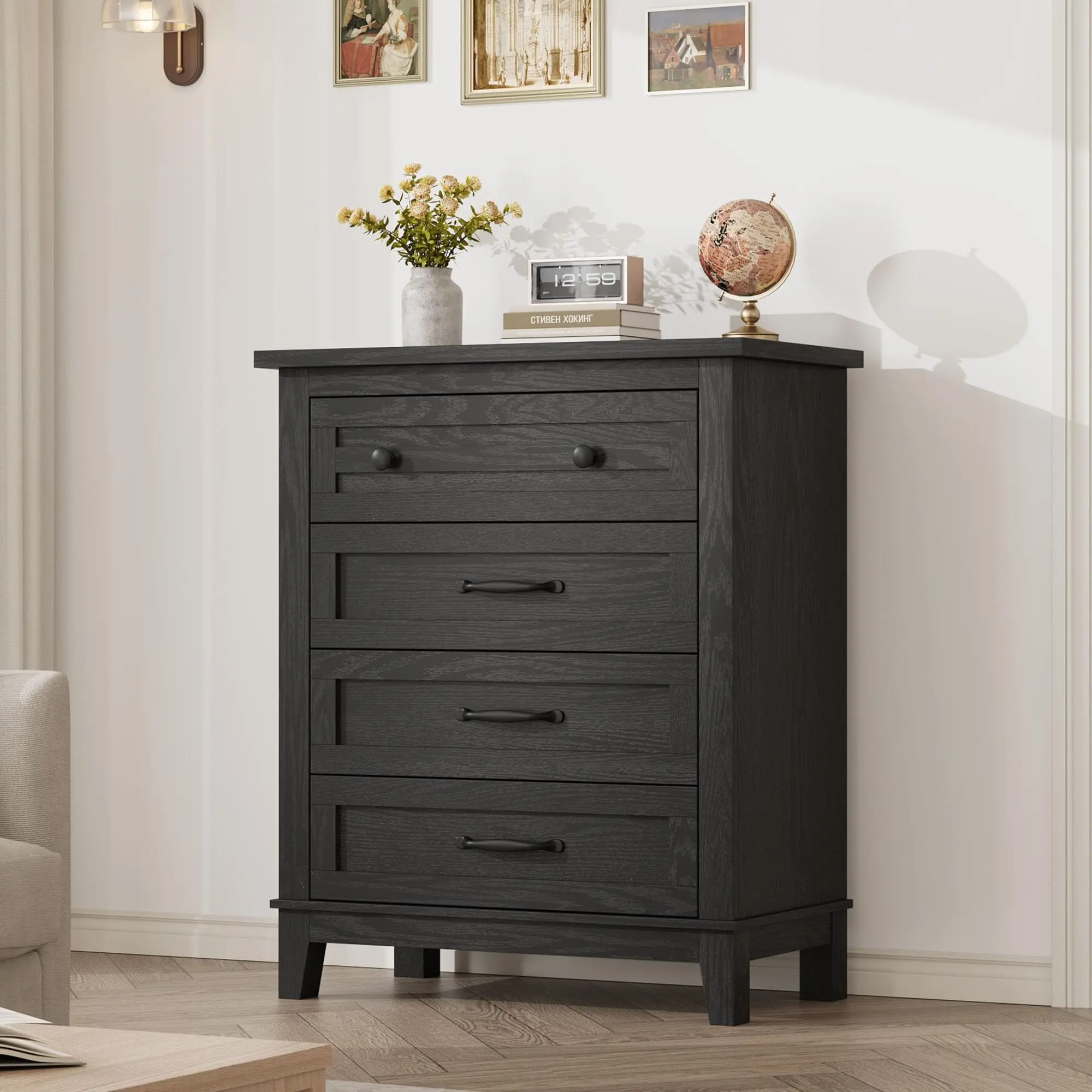 Garvee 4 Dresser for Bedroom, 34.8 in Tall Vertical Drawer Dresser with Large Storage, Freestanding Wooden Closet Chest for Bedroom, Living Room, Black