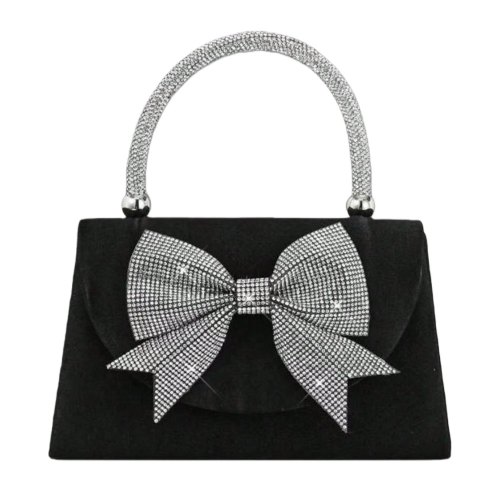 Women's European American Fashion Black Satin Flap Clutch Evening Bag, Sparkling Elegant Bowknot Rhinestone Decor Party Handbag, Luxury Satin Formal Dress Crossbody Bag, Chain Shoulder Bag Suitable For Banquet, Party, Birthday, Wedding