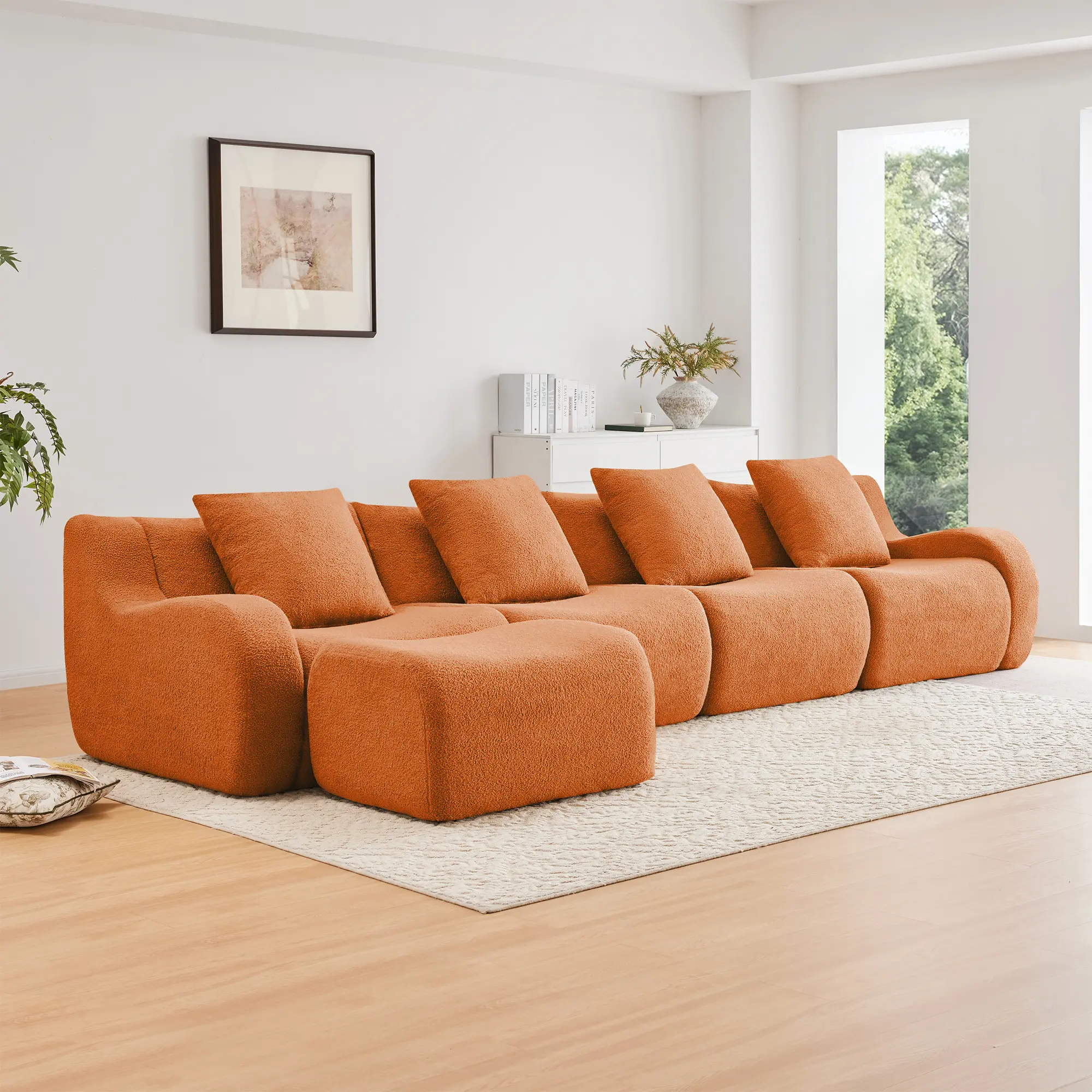 ARCH L-Shaped 4-Seat Boneless Sofa Teddy Fabric Curved Armrest Anti-Slip Design No Assembly Required 32D High Density Sponge Vacuum Pack for Living Room Study Orange, Living Room Furniture for Apartment, Lounge, Family Room, Office and Home Seating