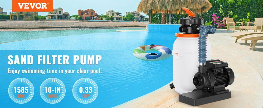 VEVOR Sand Pump for Above Ground Pools, 10-inch, 1585 GPH, 0.33 HP Swimming Pool Pumps System & Filters Combo Set with 5-Way Multi-Port Valve & Pressure Gauge, for Domestic and Commercial Pools VEVOR Sand Pump for Above Ground Pools, 10-inch, 1585 GPH, 0.33 HP Swimming Pool Pumps System & Filters Combo Set with 5-Way Multi-Port Valve & Pressure Gauge, for Domestic and Commercial Pools