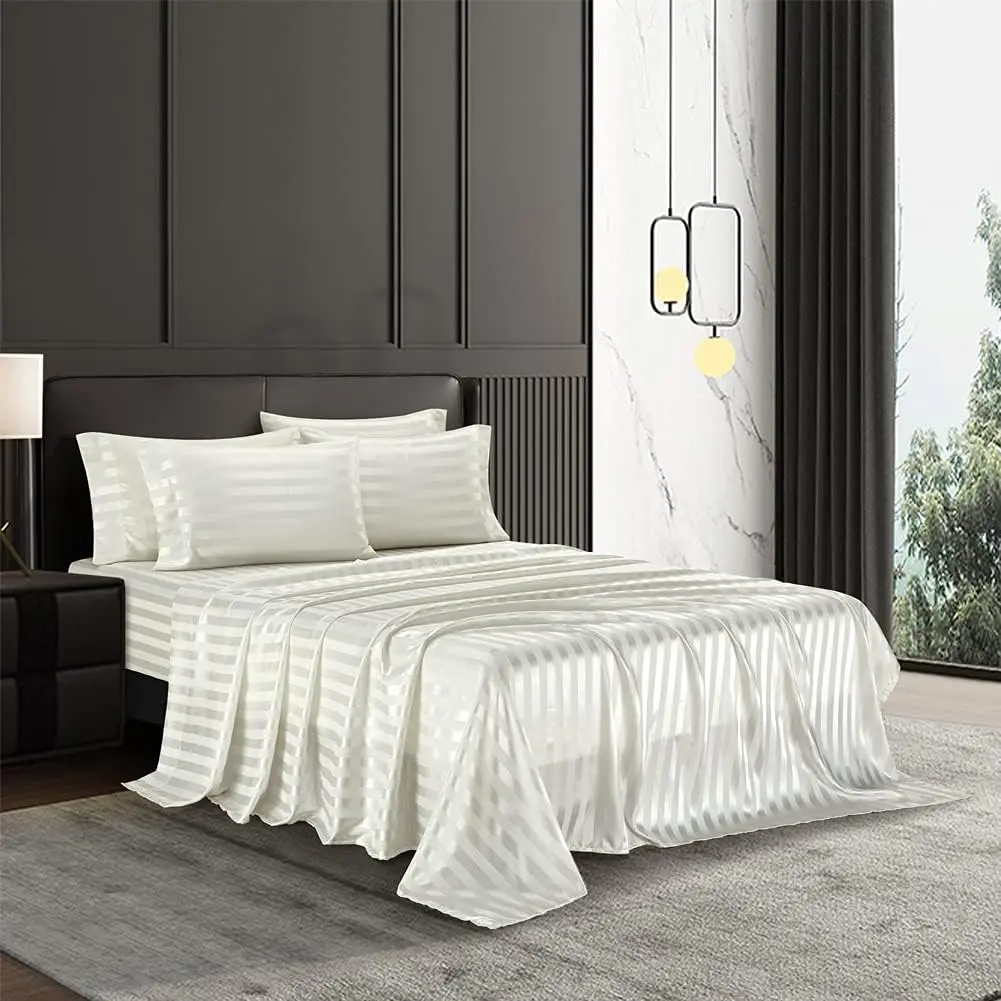 4 count  Size Satin Bed Sheet Set Striped Italian Style Deep Pocket Solid Color 1800 Series Luxury Silky Super Soft 1 Flat Sheet 1 Fitted Sheet 2 Envelope Pillowcases(Black,  4 count)