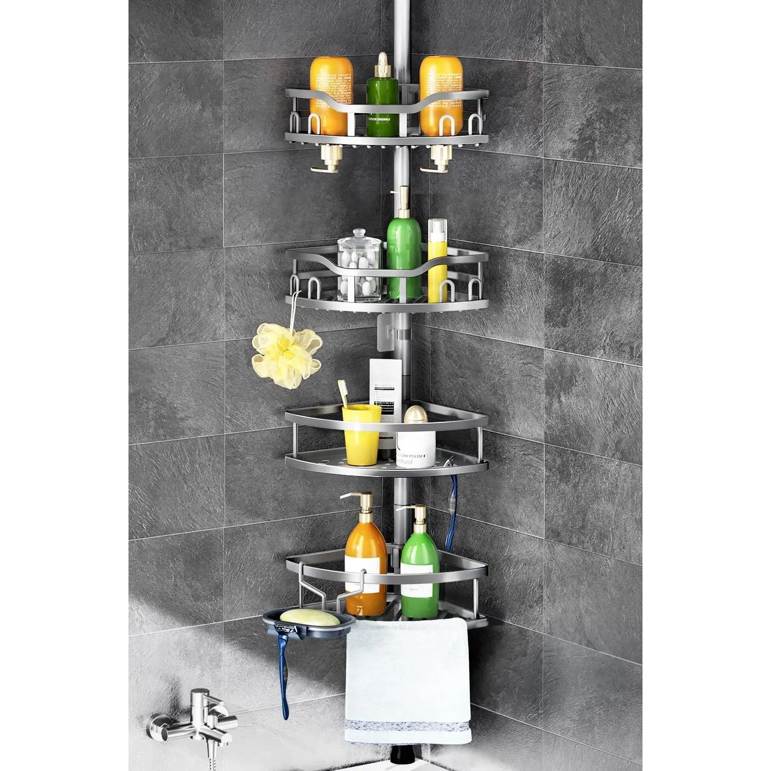 Corner Shower  Tension Pole: Rustproof 4-Tier Bathroom Organizer Shelves for Bathtub Shampoo Storage - -121 Inch Quick Install Adjustable Rod Standing Rack with Soap Rack -  Gray