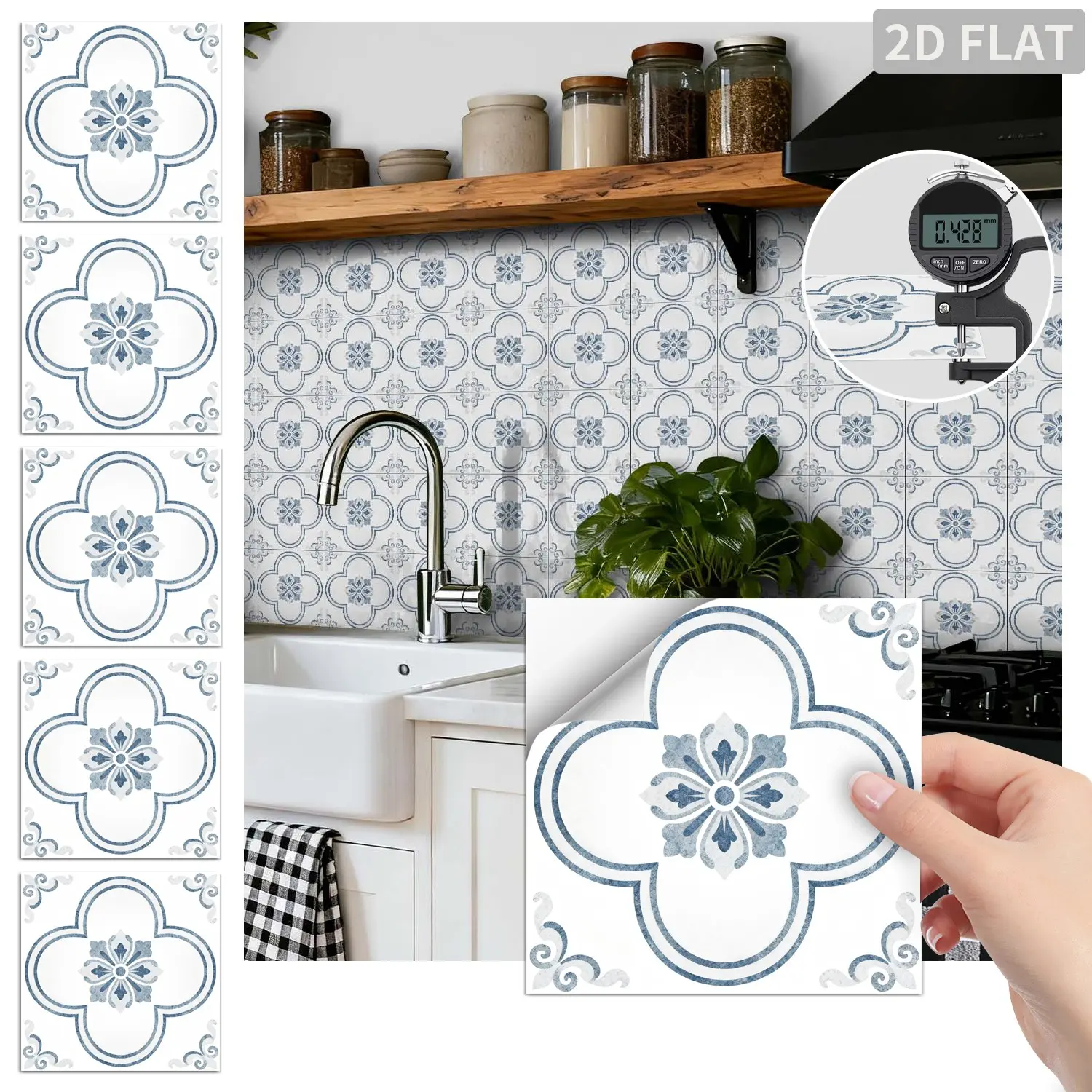 24PCS FHZ Matte PET Tile Stickers, White Base Light Blue Clover Floral Square Self-Adhesive Wall Decals, Waterproof Oilproof Peel & Stick Backsplash Decor For Kitchen Bathroom Smooth Surfaces Home Renovation