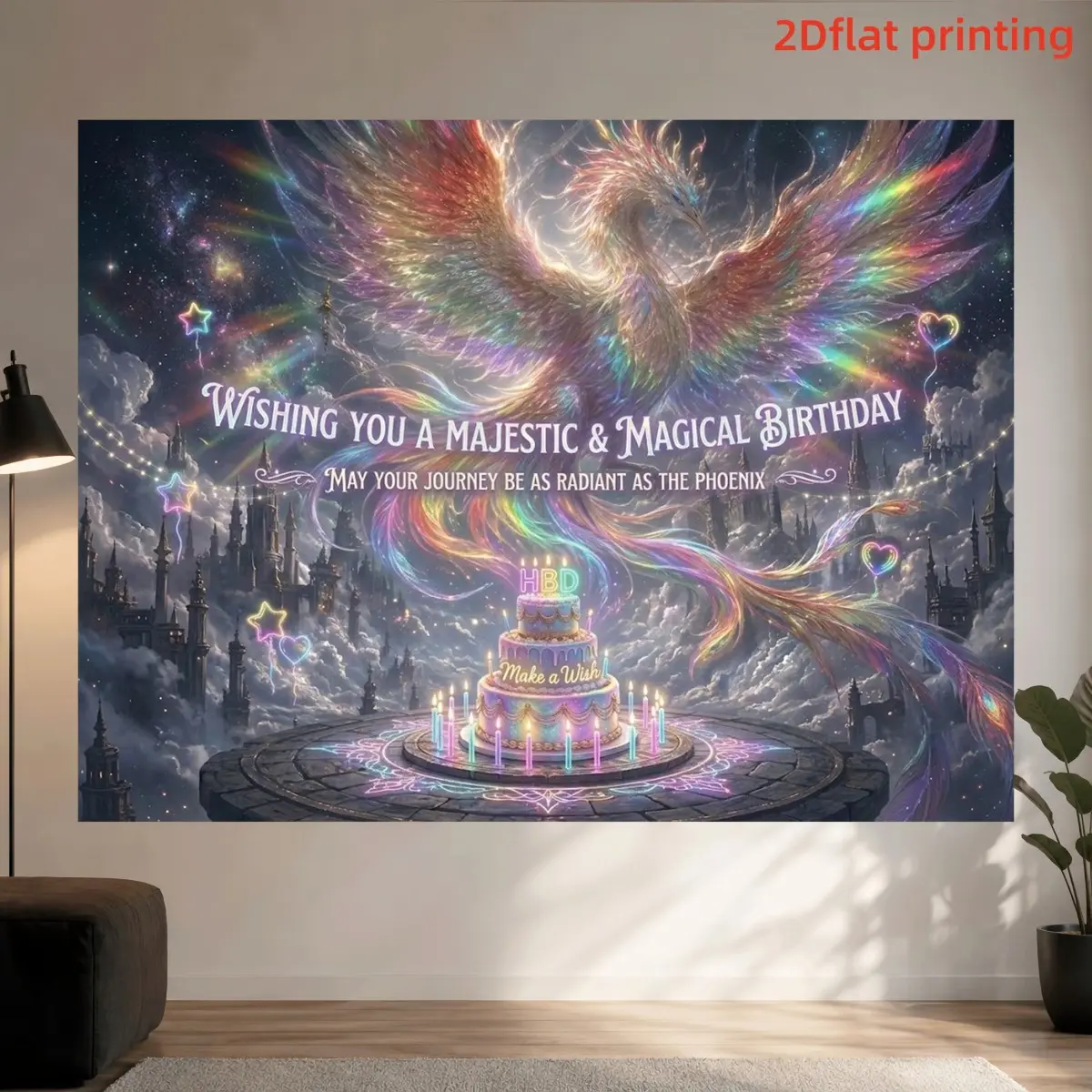 1PC 2D Flat Rainbow Phoenix Cloud Castle Fantasy Magical Birthday Party Backdrop, Polyester Fabric Photography Background Cloth, Suitable for Living Room Bedroom Office, Birthday Anniversary Home Decor Indoor Outdoor Party, Birthday Party Supplies