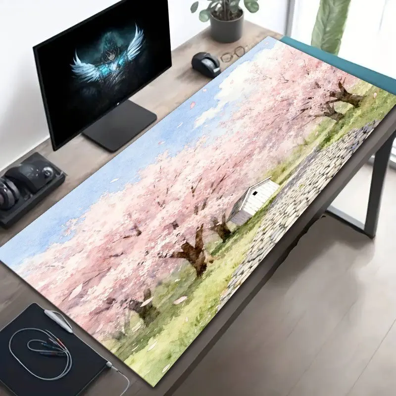 Silica Gel Mouse Pad, Japanese Watercolor Cherry Blossom Landscape, Non-Slip Rubber Base, Washable, Durable, Ideal for Gamers, Office, School
