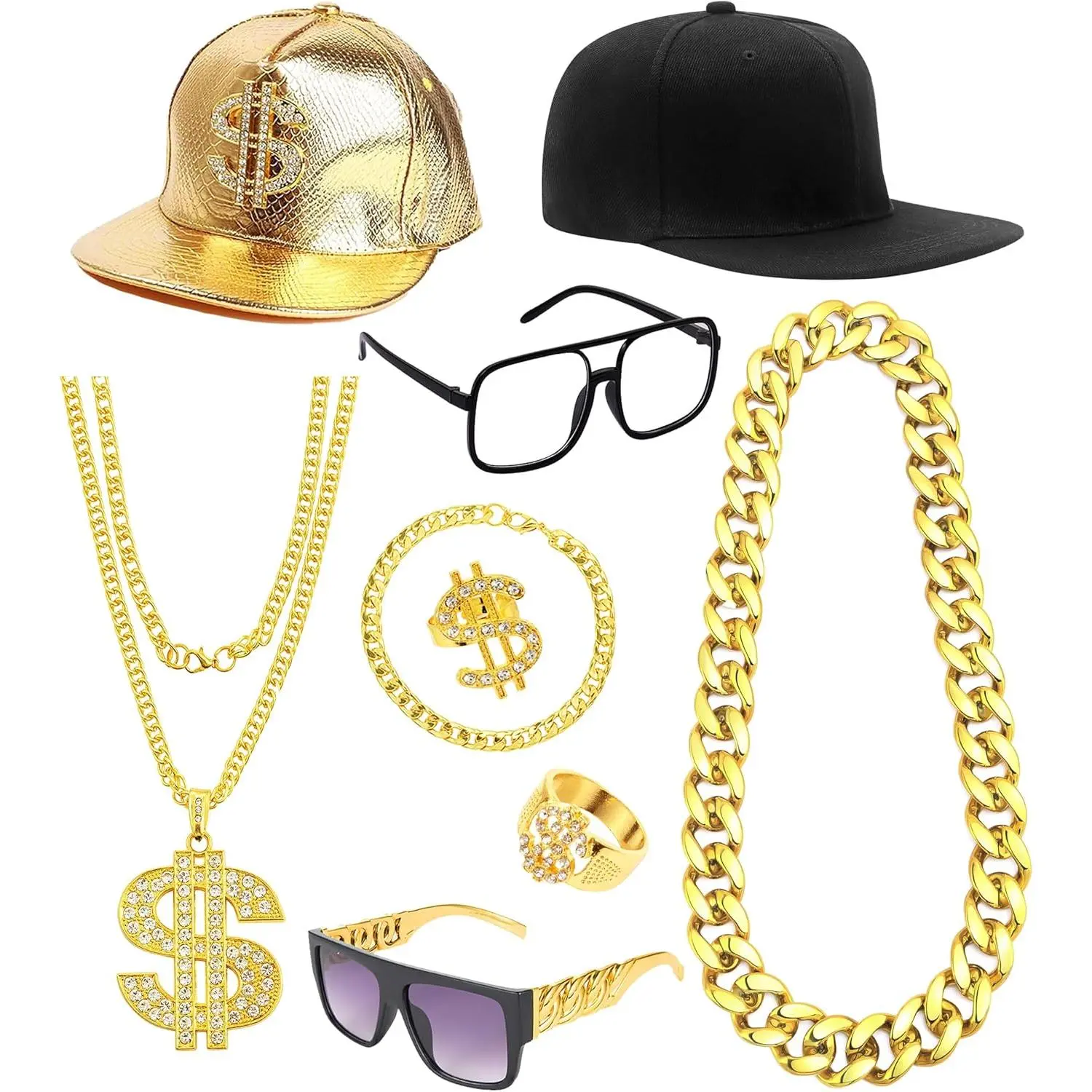 Unisex 80s-90s Hip Hop Costume Complete Kit - Faux Gold Chains, Dollar Sign Jewelry, Retro Sunglasses for Party Wear, Usd Symbol